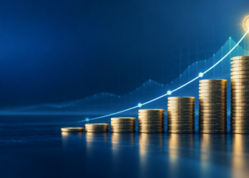 Growing stacks of coins and an upward chart illustrating monthly investing toward a $1 million goal