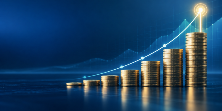 Growing stacks of coins and an upward chart illustrating monthly investing toward a $1 million goal
