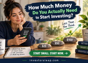 Beginner investor reviewing a small-dollar investing plan with $25, $50 and $100 stepping stones, illustrating how a repeatable contribution can grow over time.