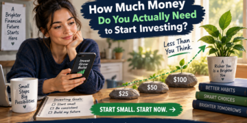 Beginner investor reviewing a small-dollar investing plan with $25, $50 and $100 stepping stones, illustrating how a repeatable contribution can grow over time.